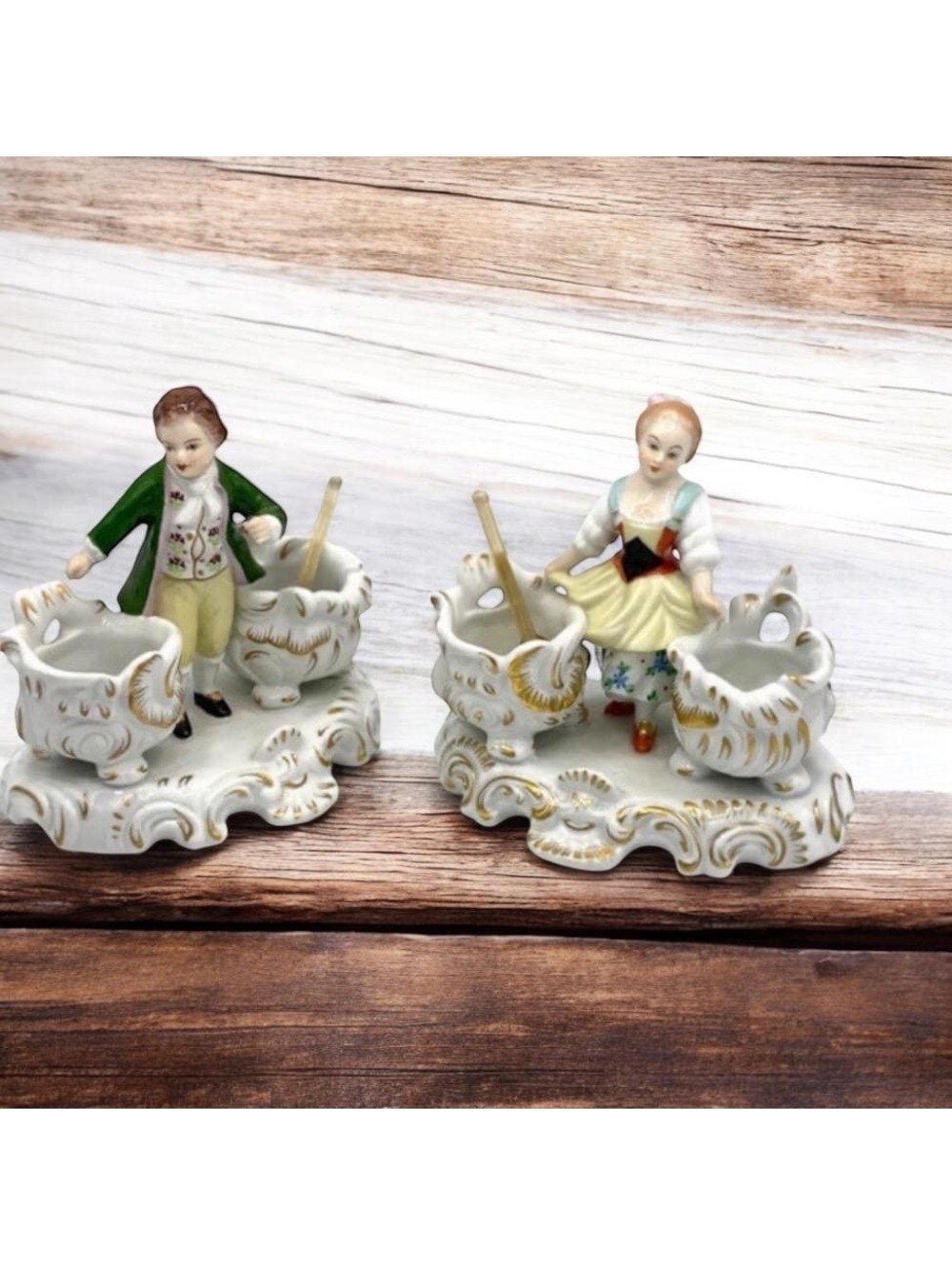 German Sitzendorf Voigt Porcelain Figurine Pair Condiment Salt Sweet Meat Dishes